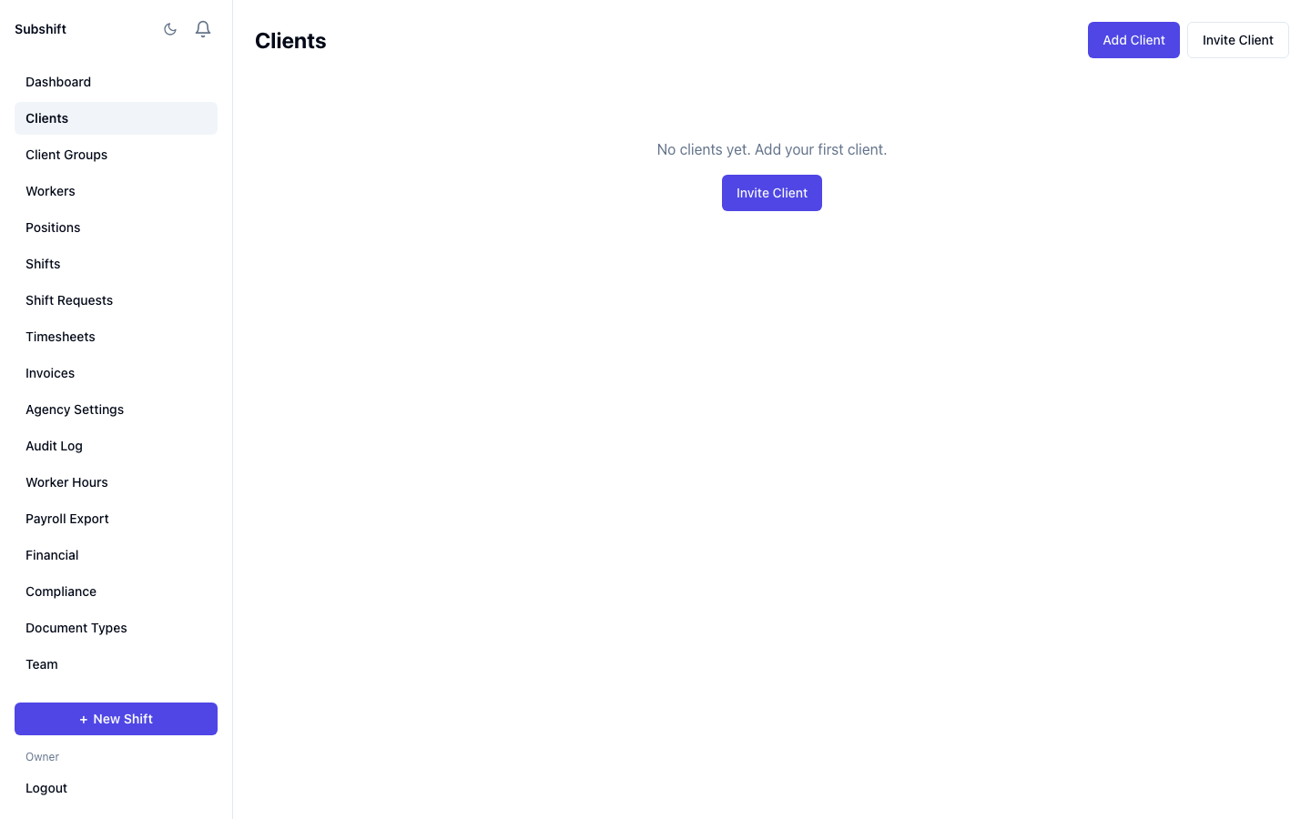 Client portal — raise shifts, track progress, approve timesheets