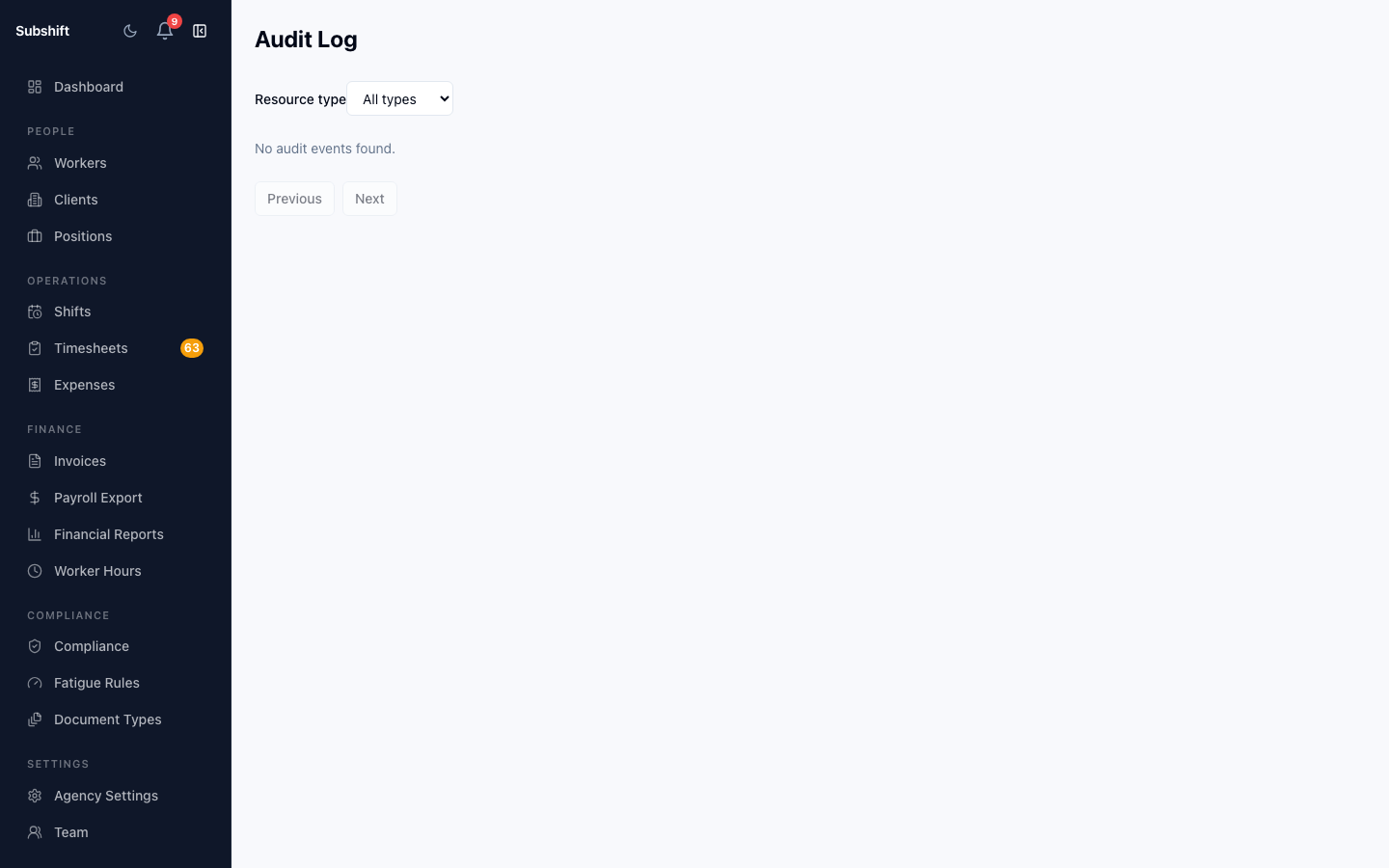 The audit log showing a filterable table with columns for event type, user, target entity, and timestamp.