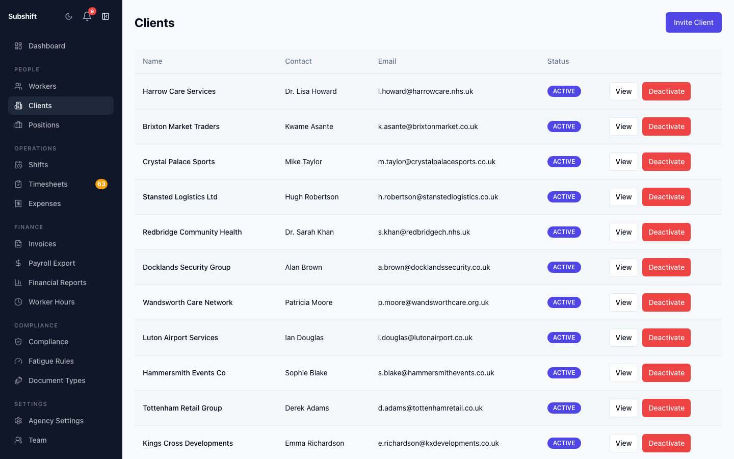 The client detail page showing the overview, allowed positions, and users sections.