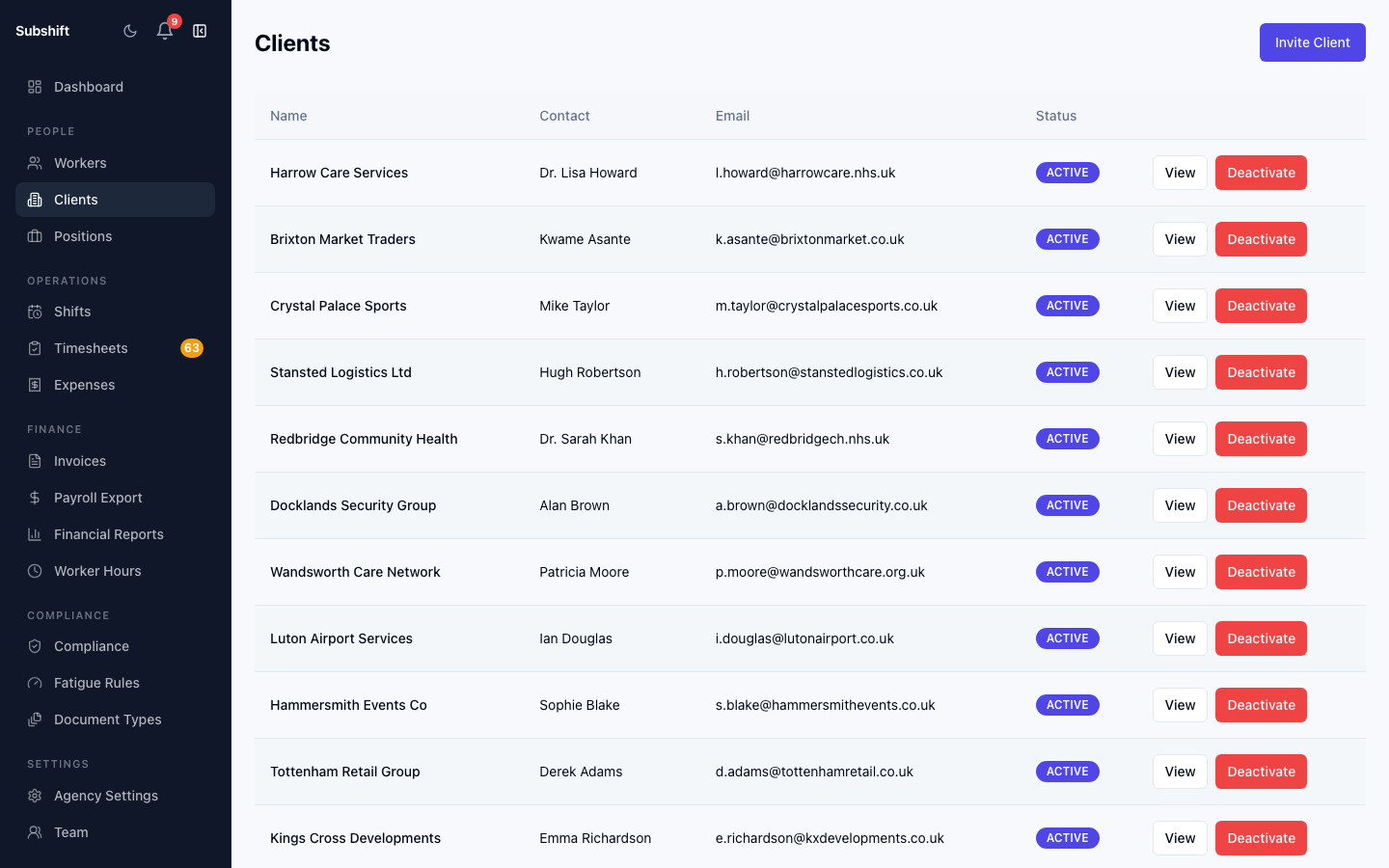 The clients list showing client names, contact details, and status.
