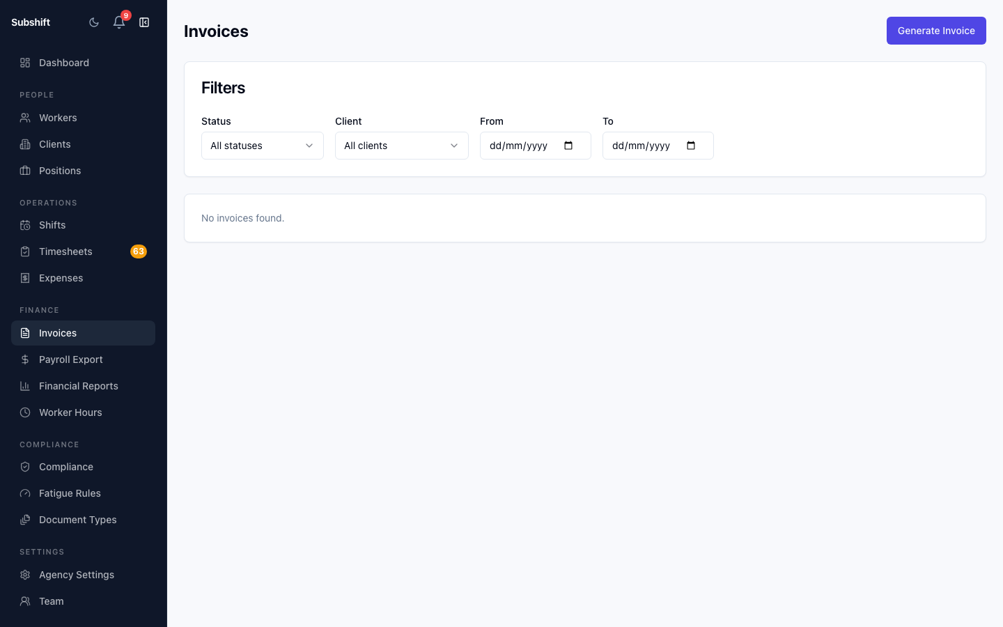 The invoices list showing invoice numbers, client names, total amounts, issue dates, and status badges.