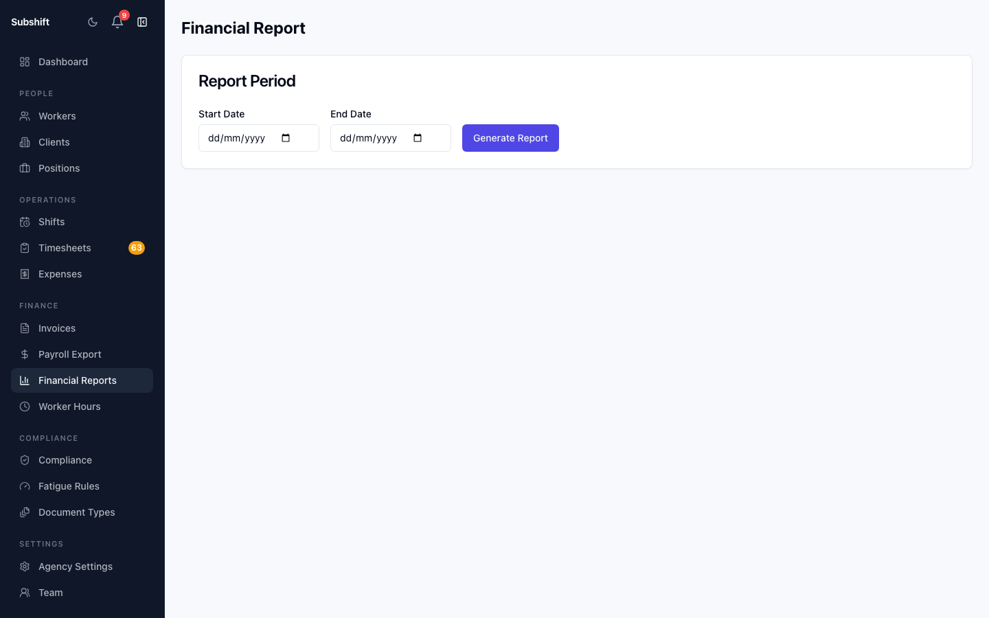 The financial report showing revenue trend chart, outstanding invoice total, and a breakdown table by client.