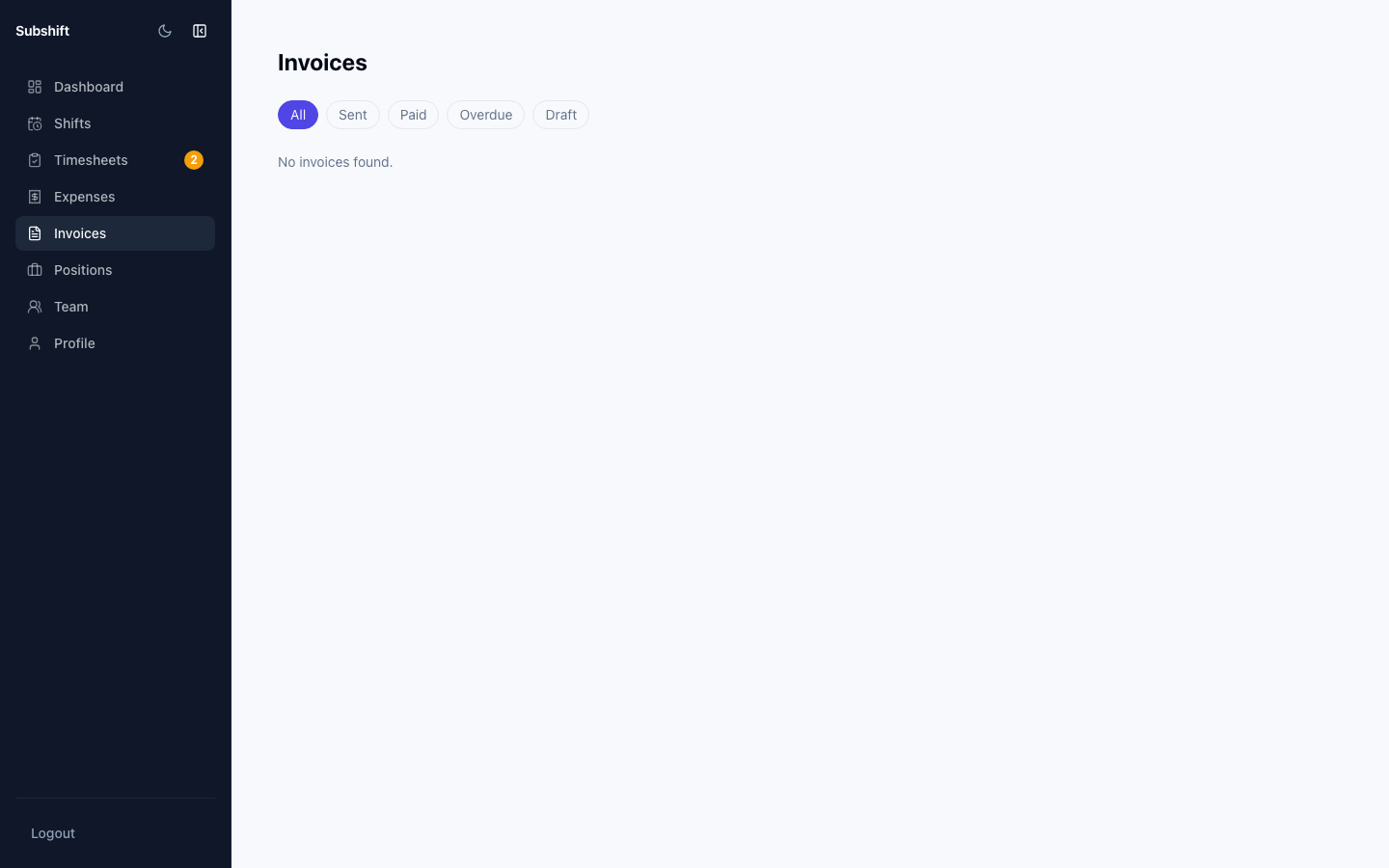 The client invoices list showing invoice numbers, dates, totals, and status badges.