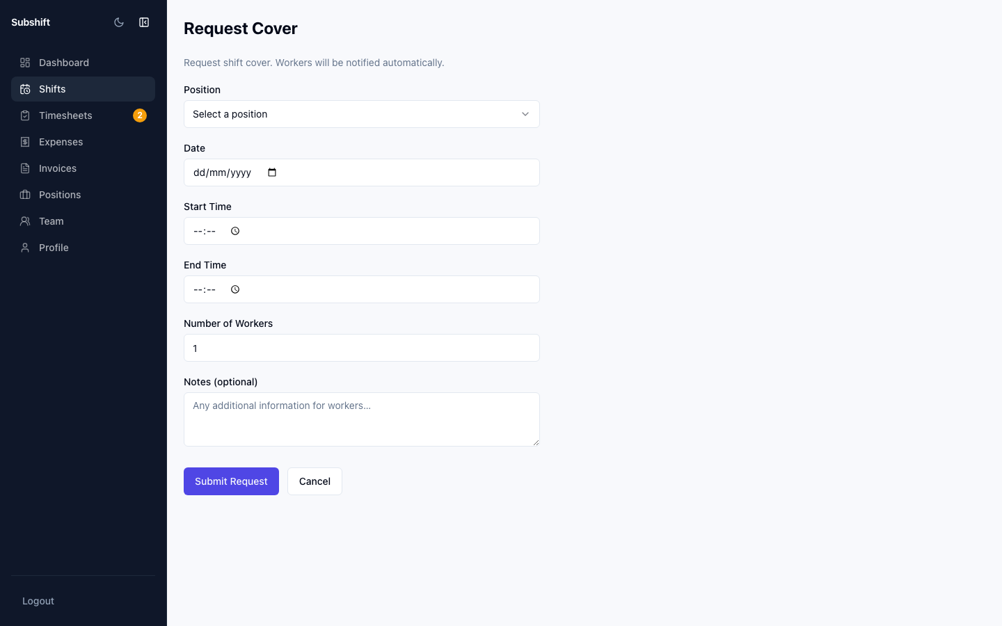 The new shift request form showing position picker, date/time fields, quantity selector, and notes.