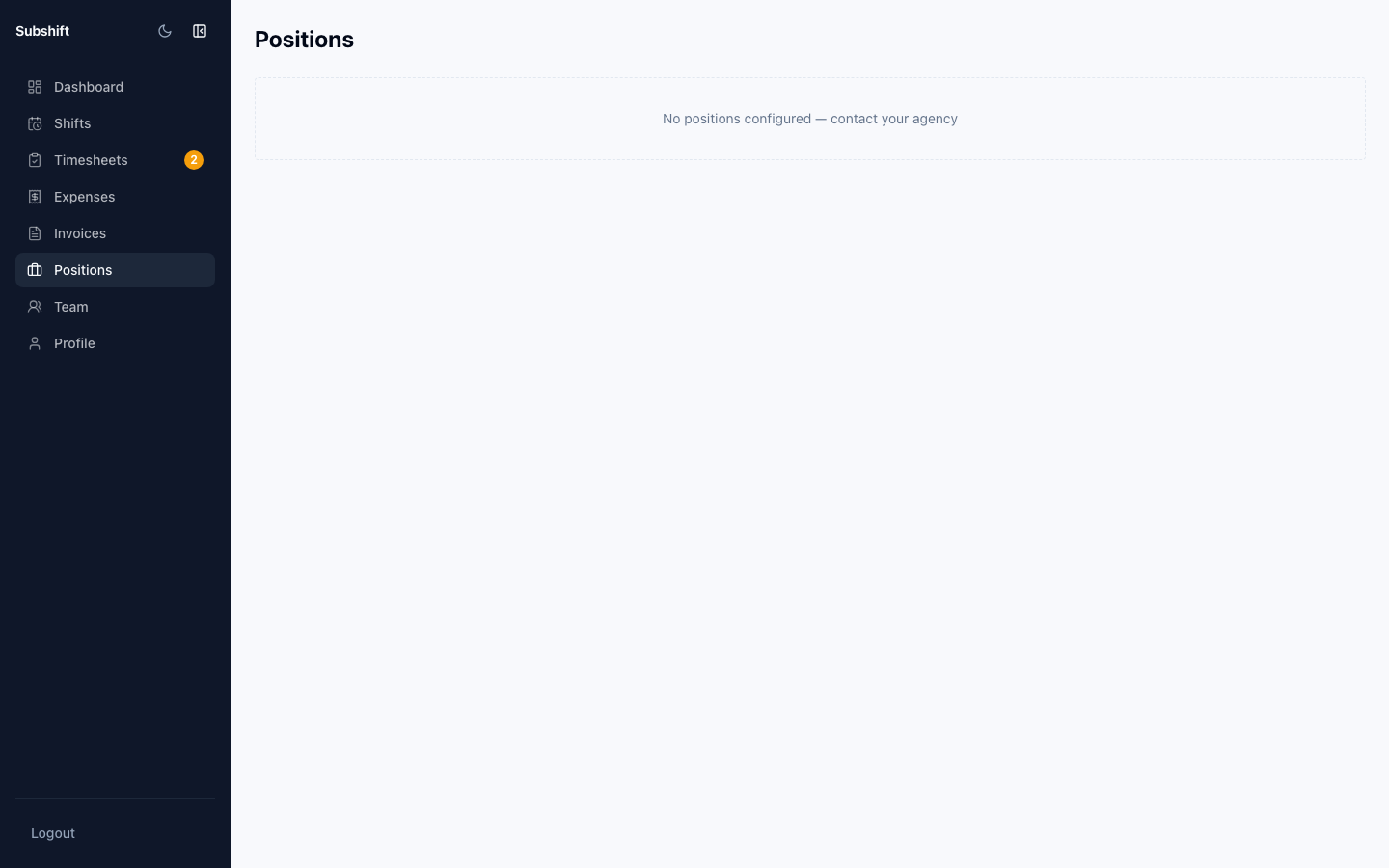 The client portal positions page showing a list of approved positions with their names.