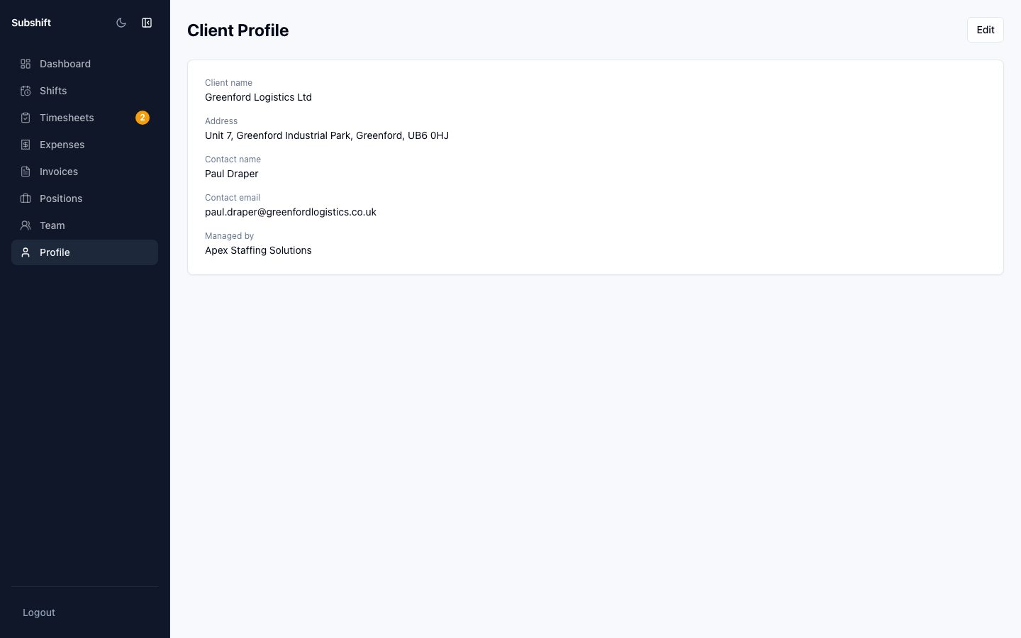 The client portal profile page showing company name, contact details, billing address, and save button.