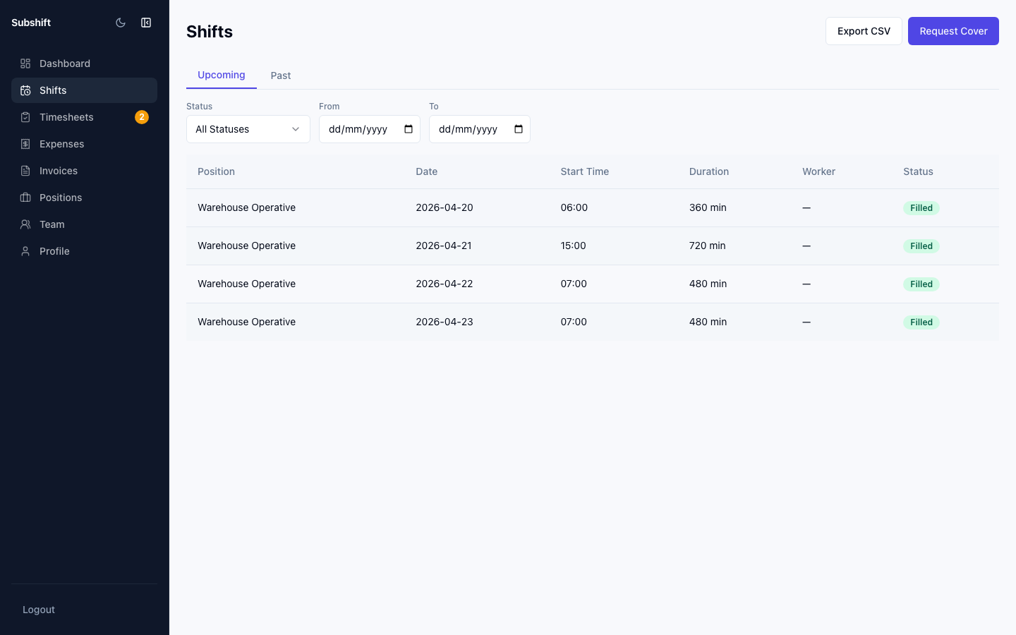 Shift detail page showing shift summary, assigned workers list, and action buttons (cancel, edit).