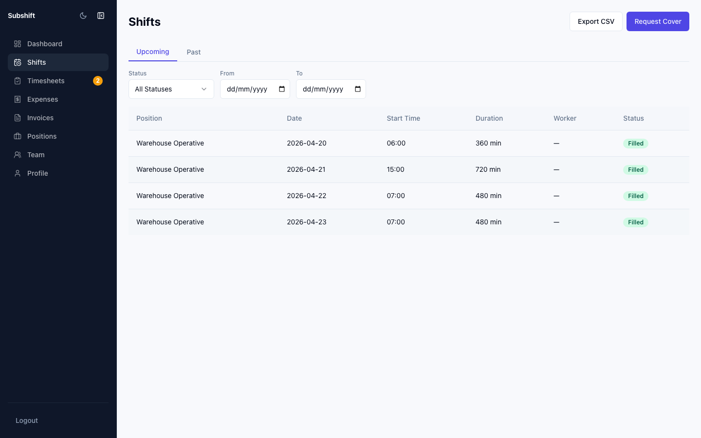 The client portal shifts list with filters for status and date, and status badges on each row.