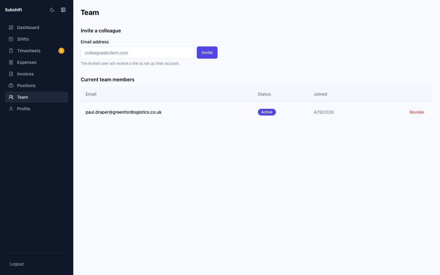 The client portal team page showing current members with roles and an invite button.