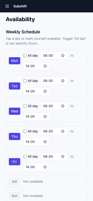 The availability screen showing a weekly recurring schedule with toggles for each day and time blocks.