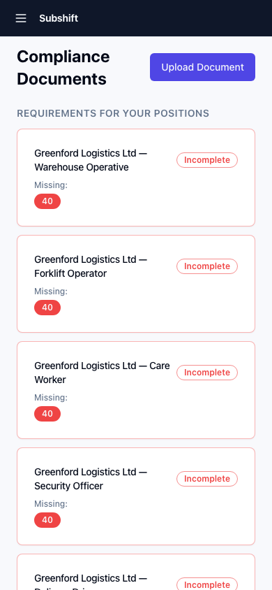 The compliance screen showing document list with green (valid), amber (expiring soon), and red (missing/expired) status indicators.