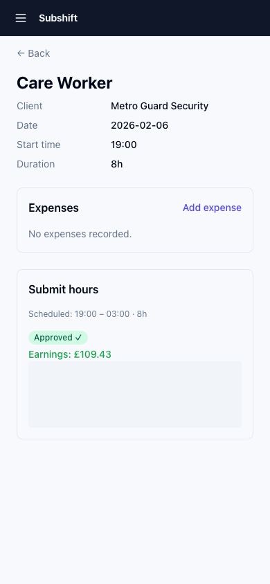 The timesheet submission screen showing start time, end time, break duration, and notes fields.