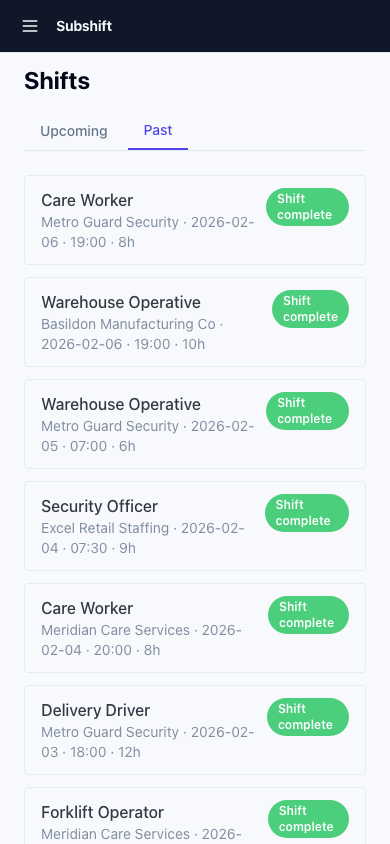 The shifts list showing upcoming shifts with date, position, site name, and status badges.